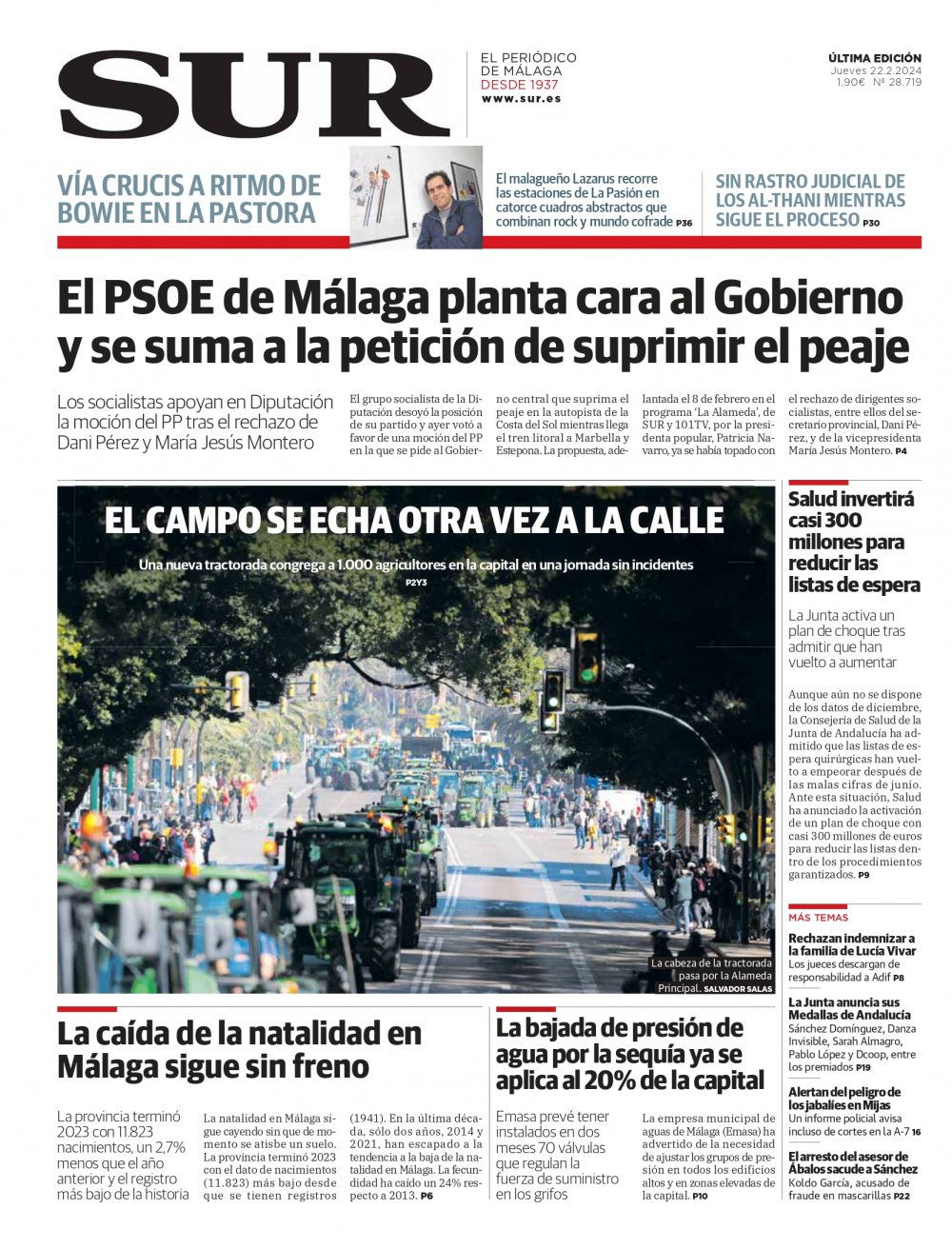 Portada de SUR, 22 de Febrero de 2024