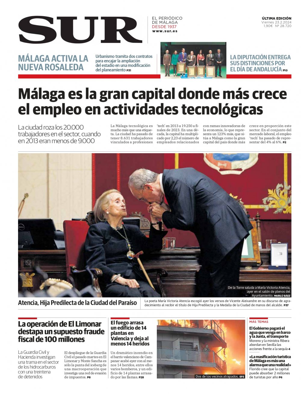 Portada de SUR, 23 de Febrero de 2024