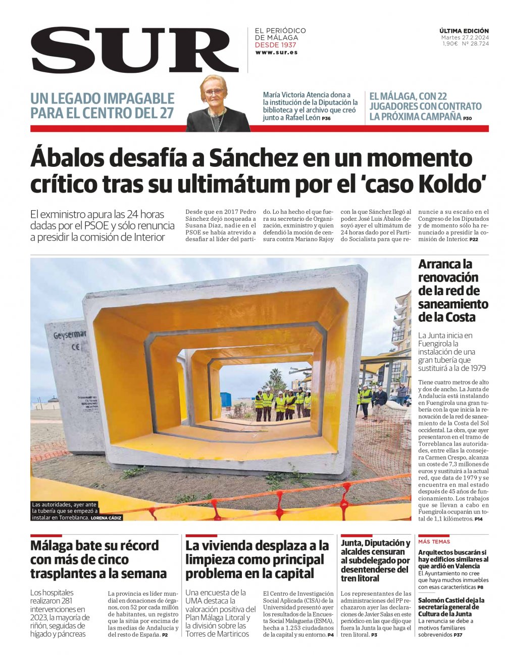 Portada de SUR, 27 de Febrero de 2024