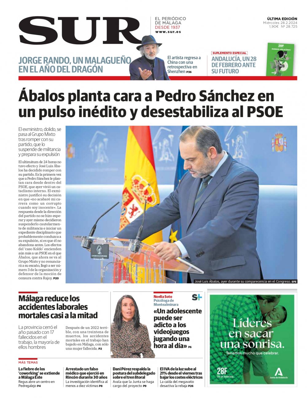 Portada de SUR, 28 de Febrero de 2024