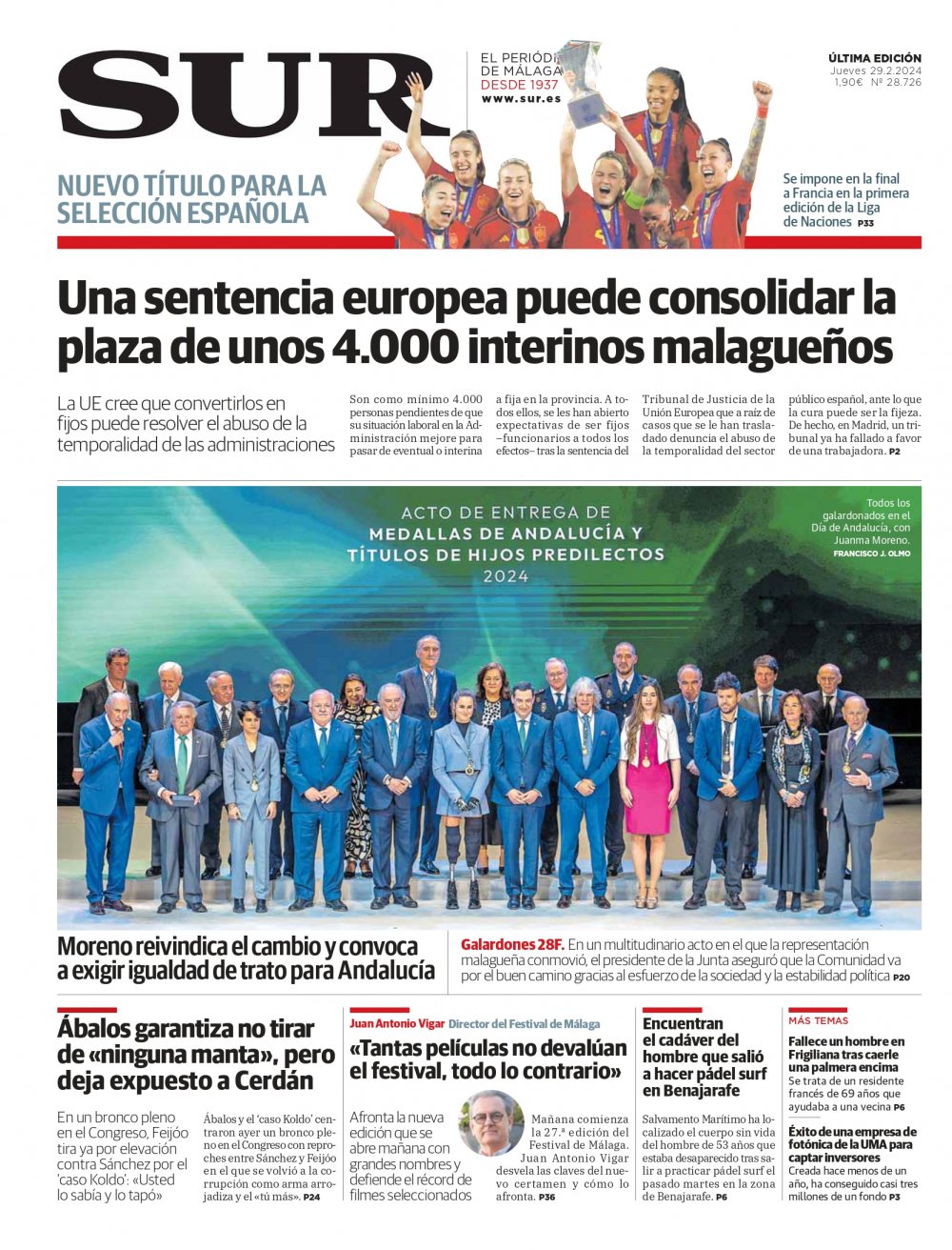 Portada de SUR, 29 de Febrero de 2024