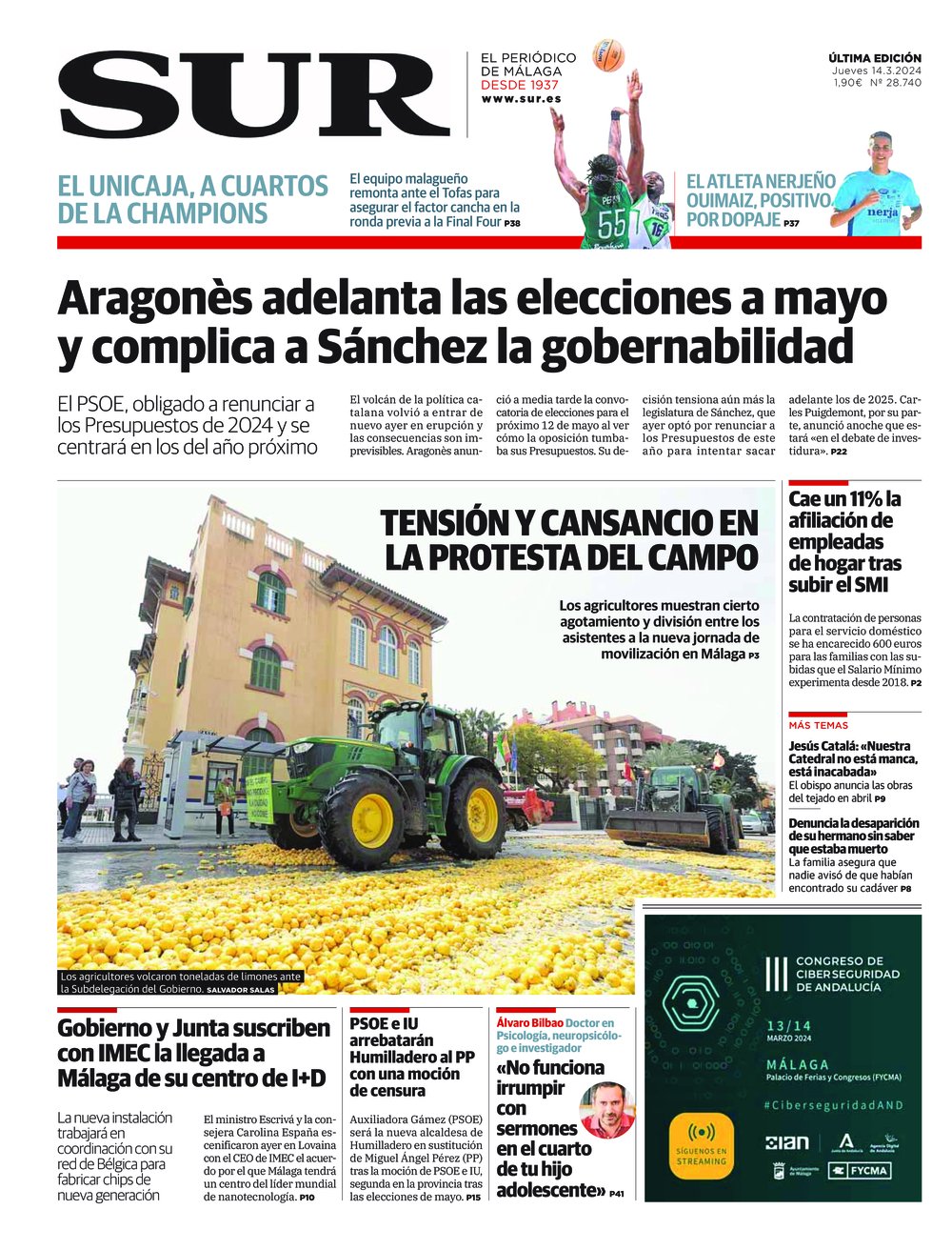 Portada de SUR, 14 de Marzo de 2024