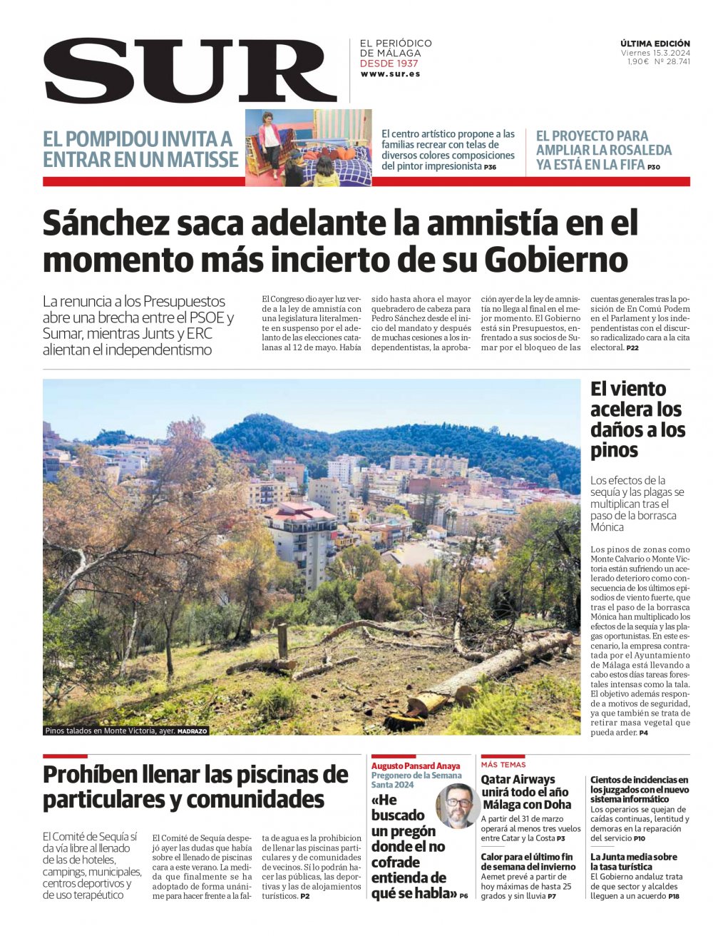 Portada de SUR, 15 de Marzo de 2024