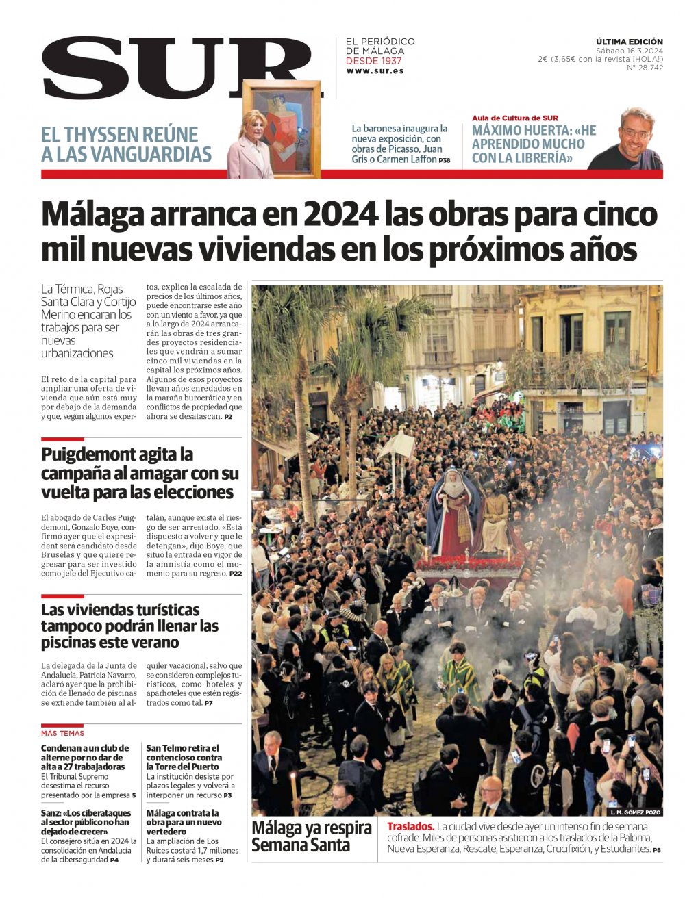 Portada de SUR, 16 de Marzo de 2024