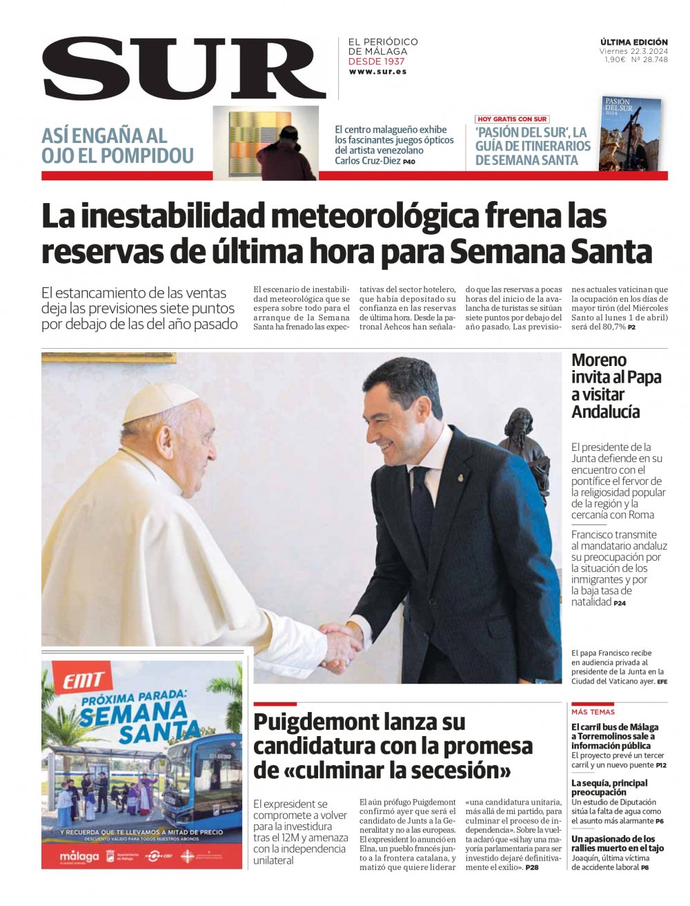 Portada de SUR, 22 de Marzo de 2024