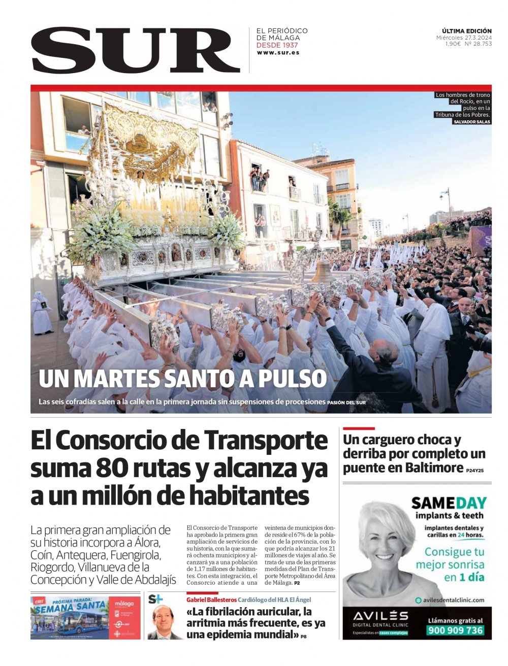 Portada de SUR, 27 de Marzo de 2024