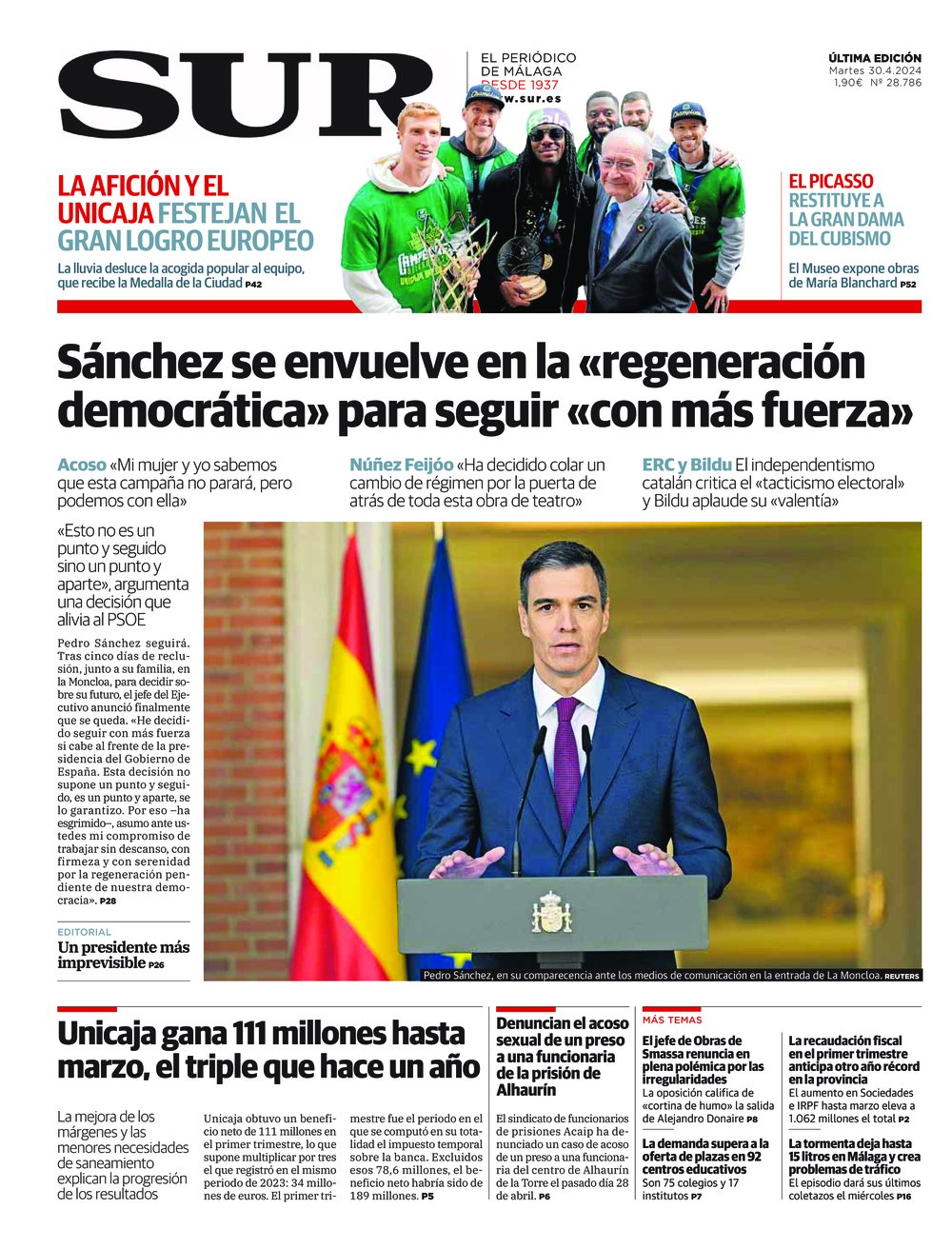 Portada de SUR, 30 de Abril de 2024