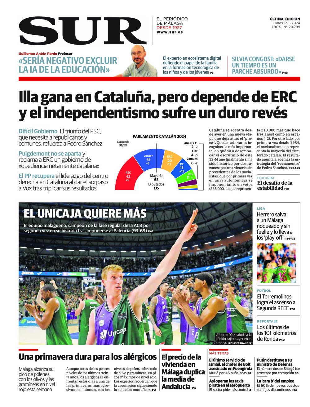 Portada de SUR, 13 de Mayo de 2024