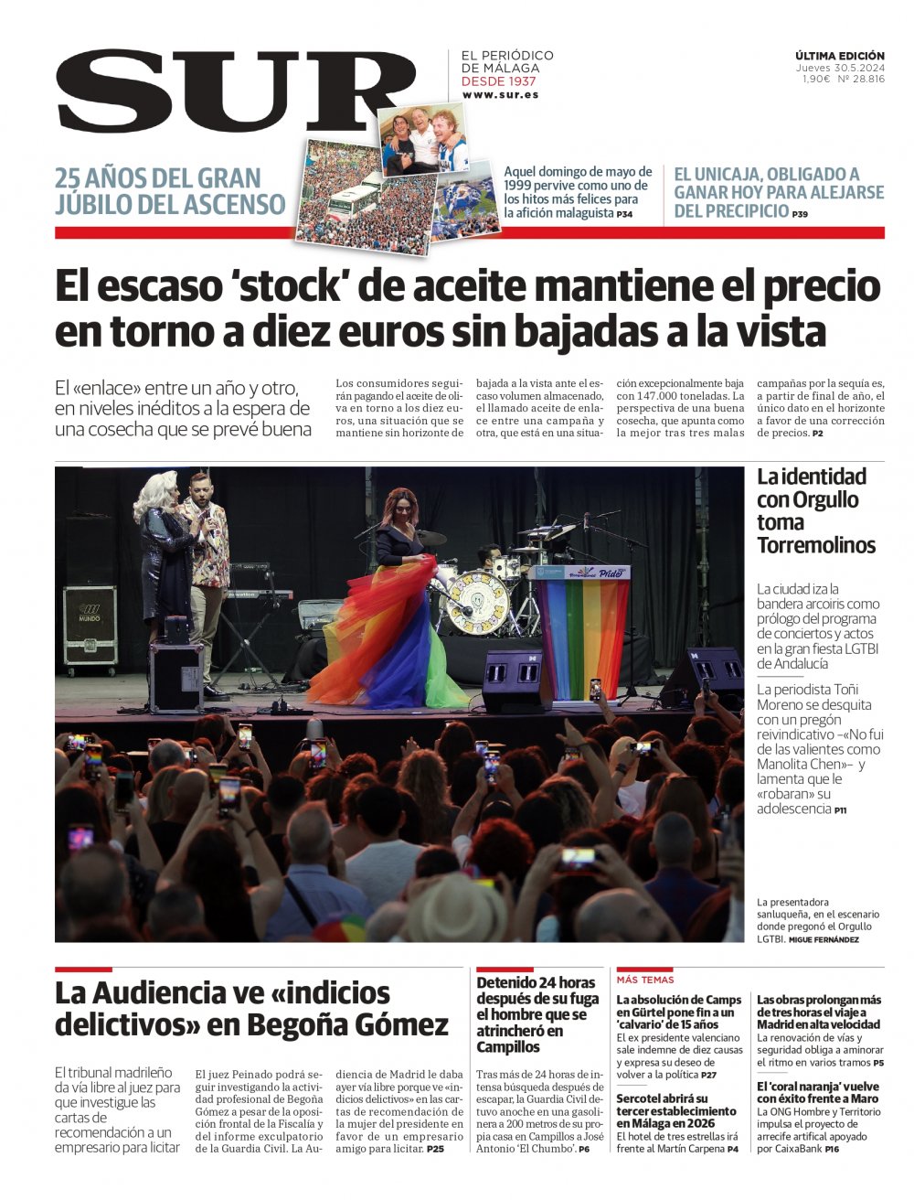 Portada de SUR, 30 de Mayo de 2024