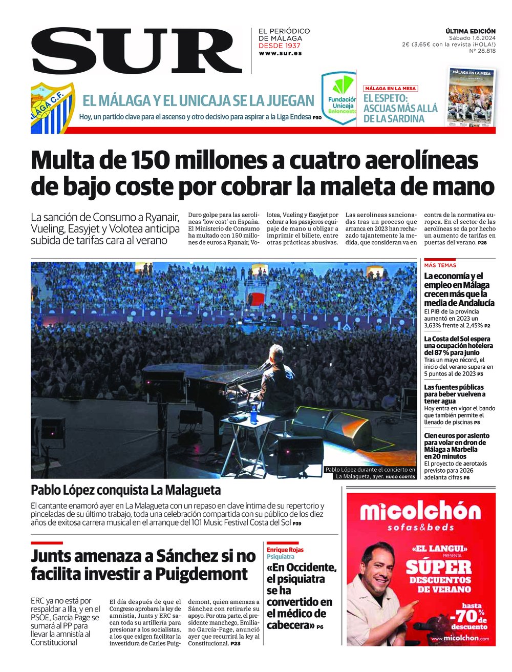 Portada de SUR, 01 de Junio de 2024