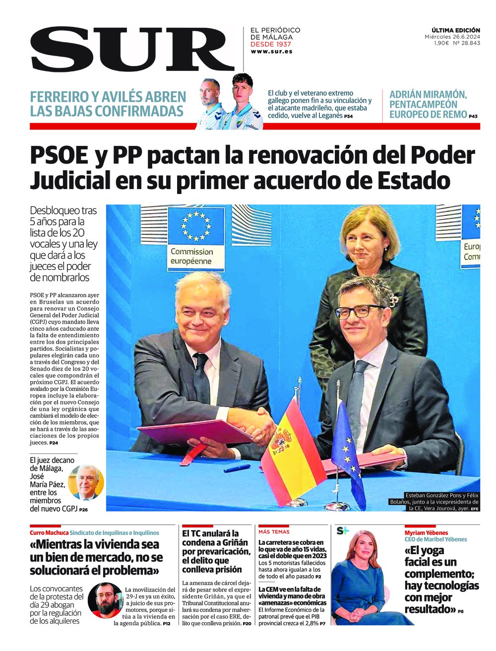 Portada de SUR, 26 de Junio de 2024