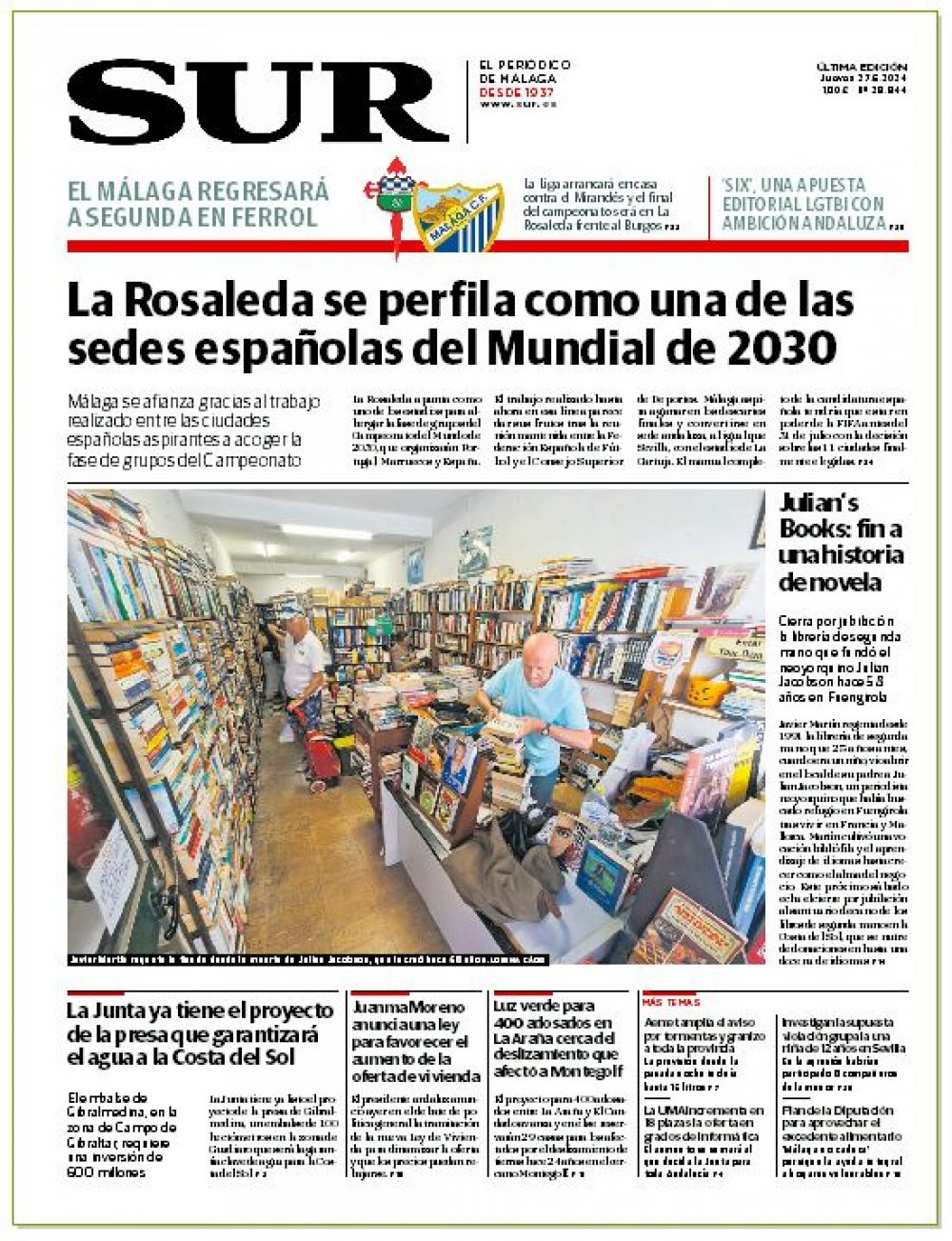 Portada de SUR, 27 de Junio de 2024