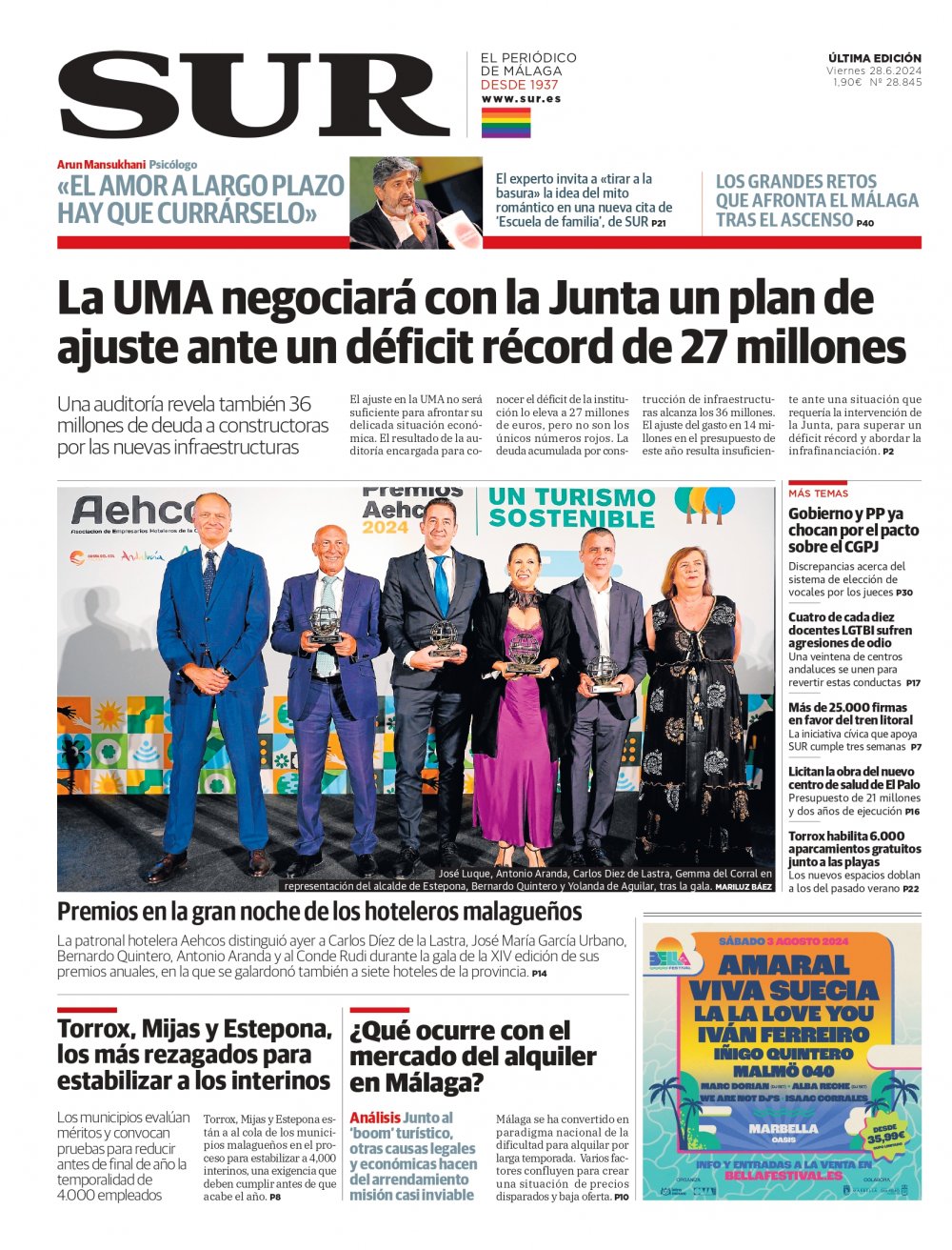 Portada de SUR, 28 de Junio de 2024