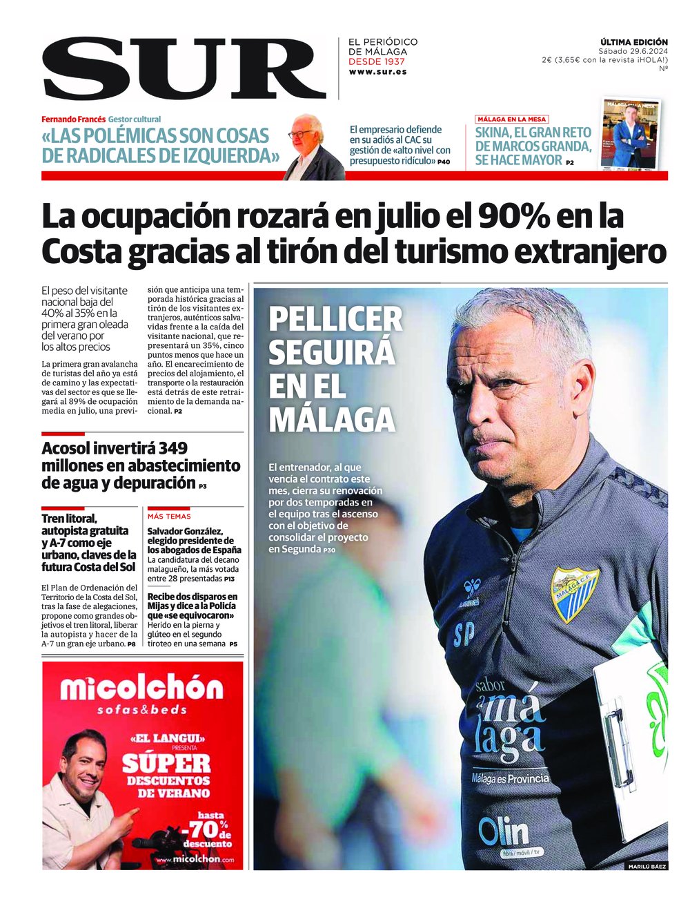 Portada de SUR, 29 de Junio de 2024