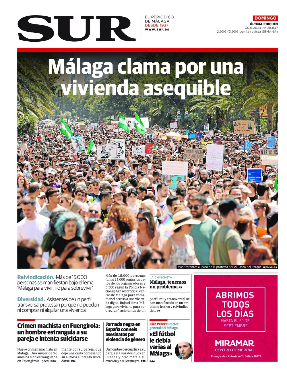 Portada de SUR, 30 de Junio de 2024