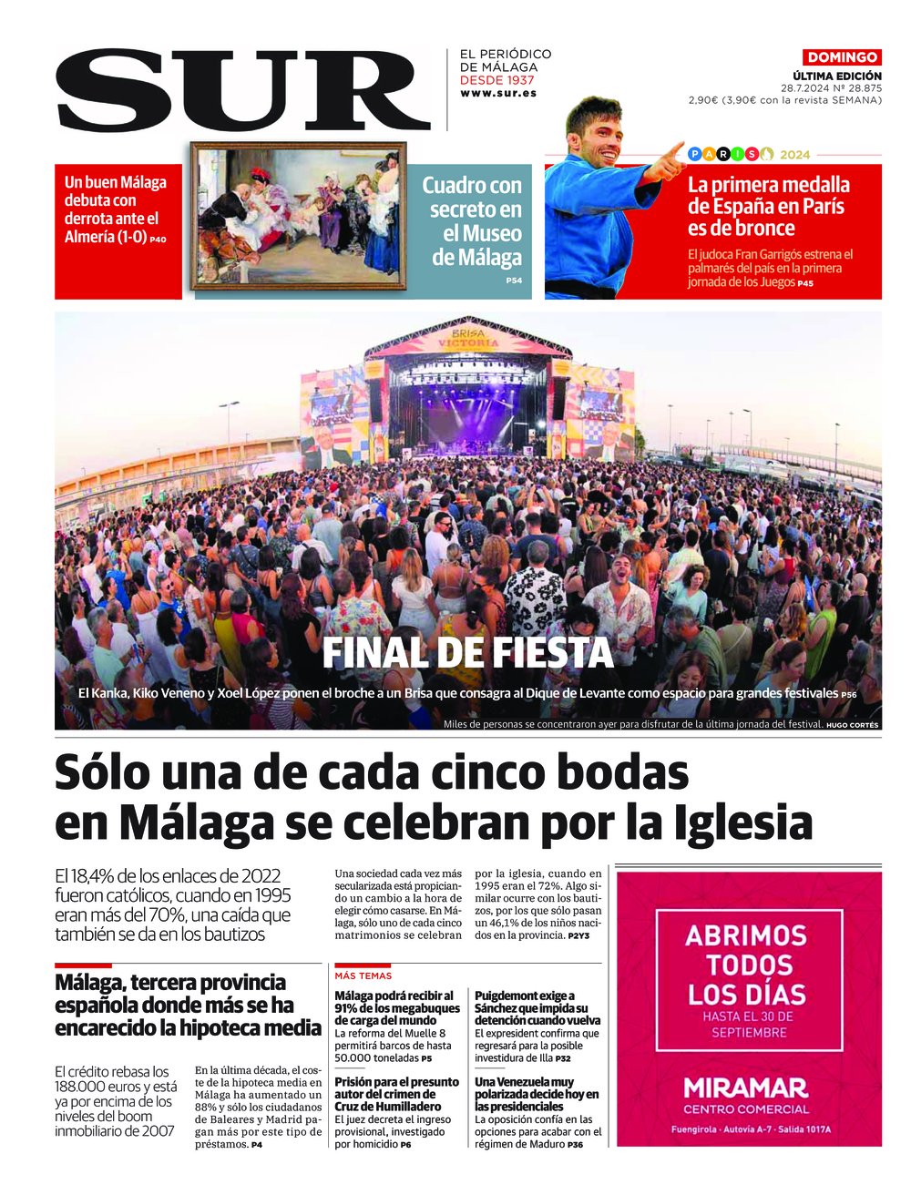 Portada de SUR, 28 de Julio de 2024