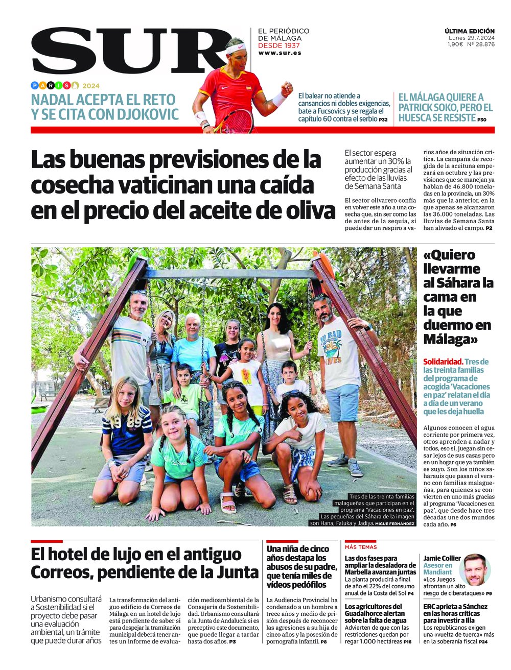 Portada de SUR, 29 de Julio de 2024