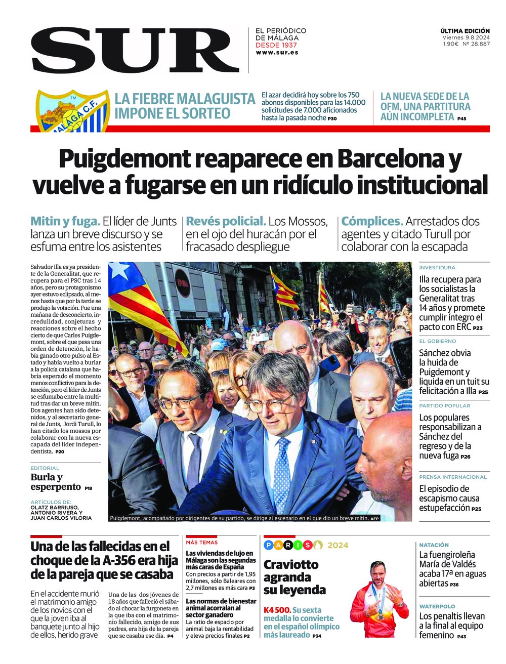 Portada de SUR, 09 de Agosto de 2024