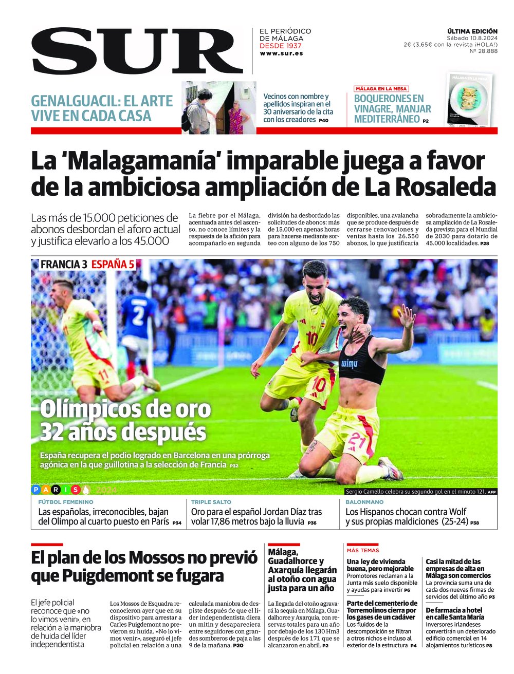 Portada de SUR, 10 de Agosto de 2024