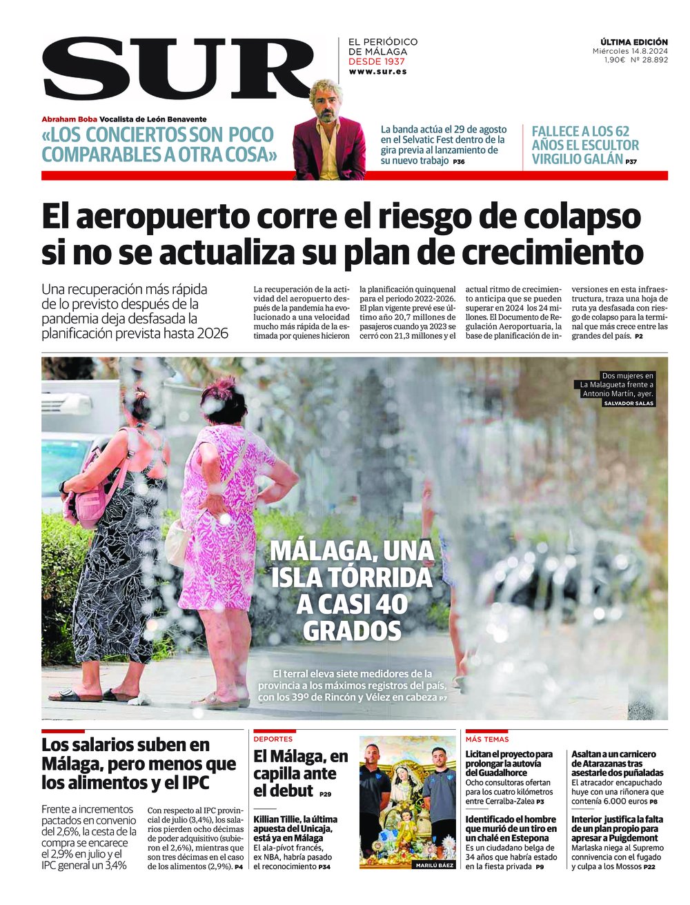 Portada de SUR, 14 de Agosto de 2024