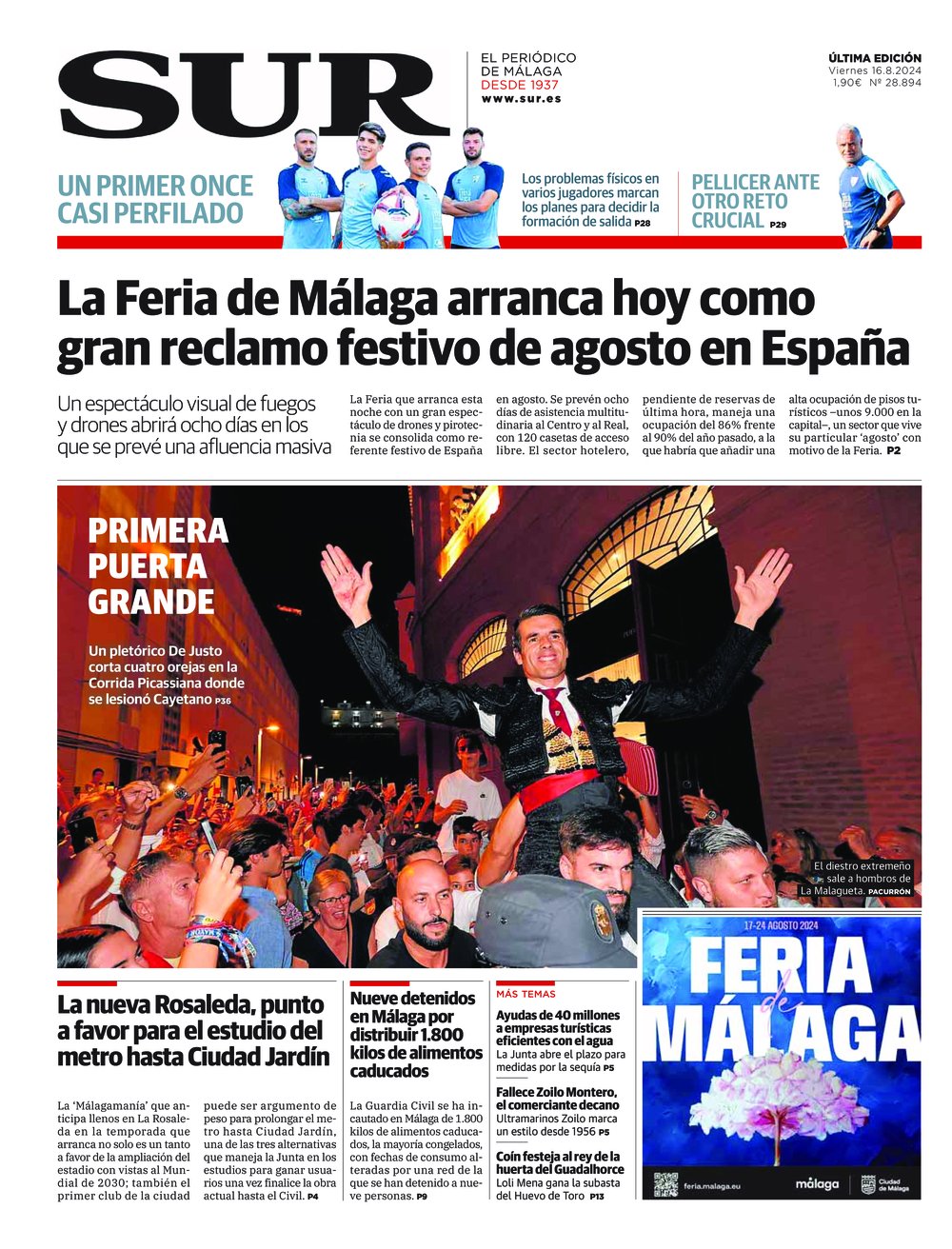 Portada de SUR, 16 de Agosto de 2024