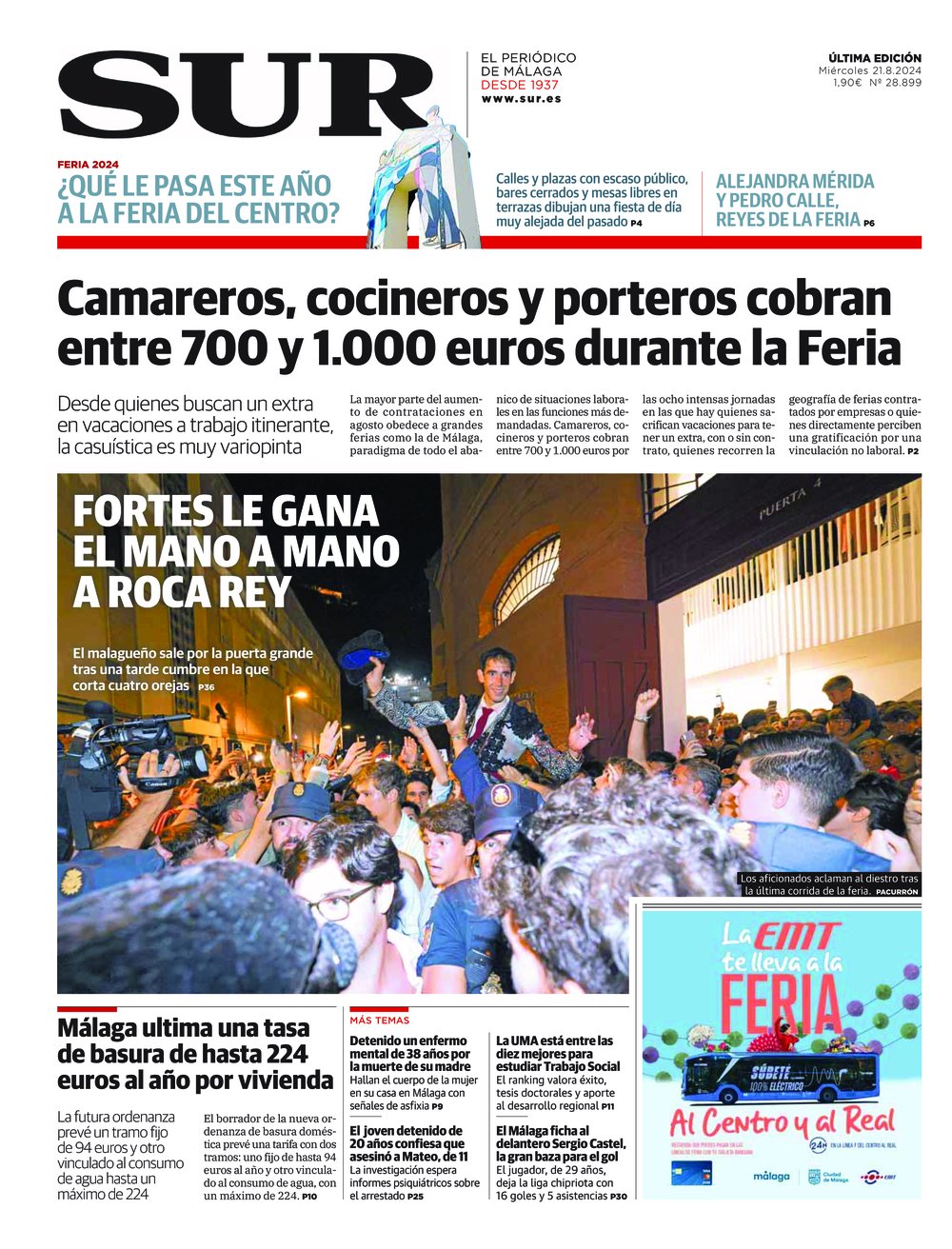 Portada de SUR, 21 de Agosto de 2024