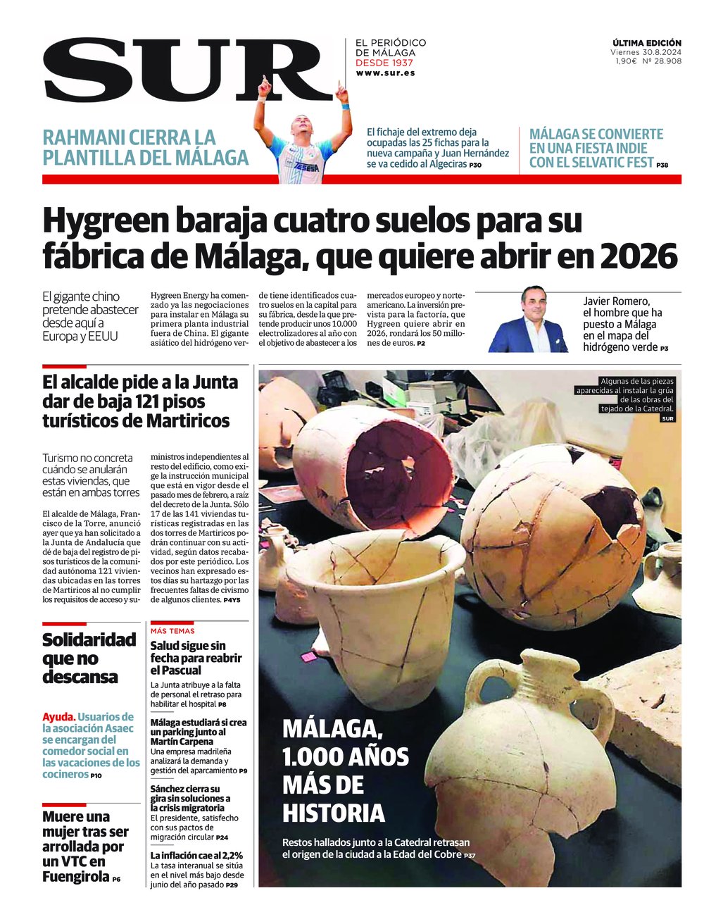 Portada de SUR, 30 de Agosto de 2024