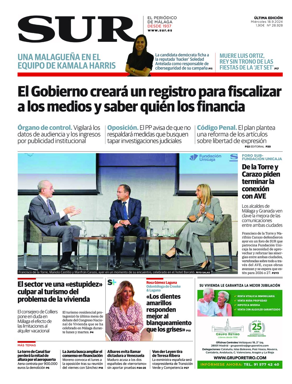 Portada de SUR, 18 de Septiembre de 2024