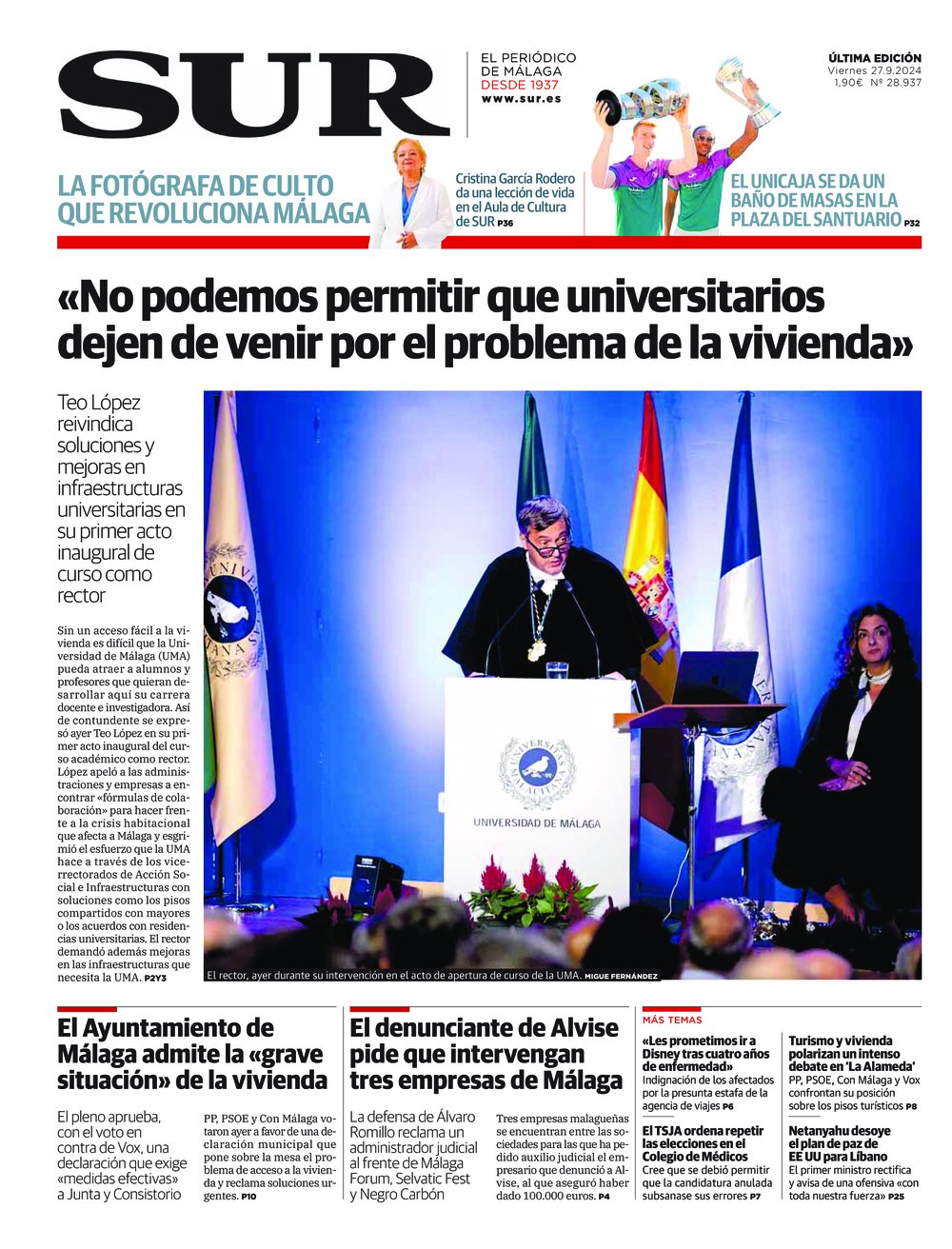 Portada de SUR, 27 de Septiembre de 2024