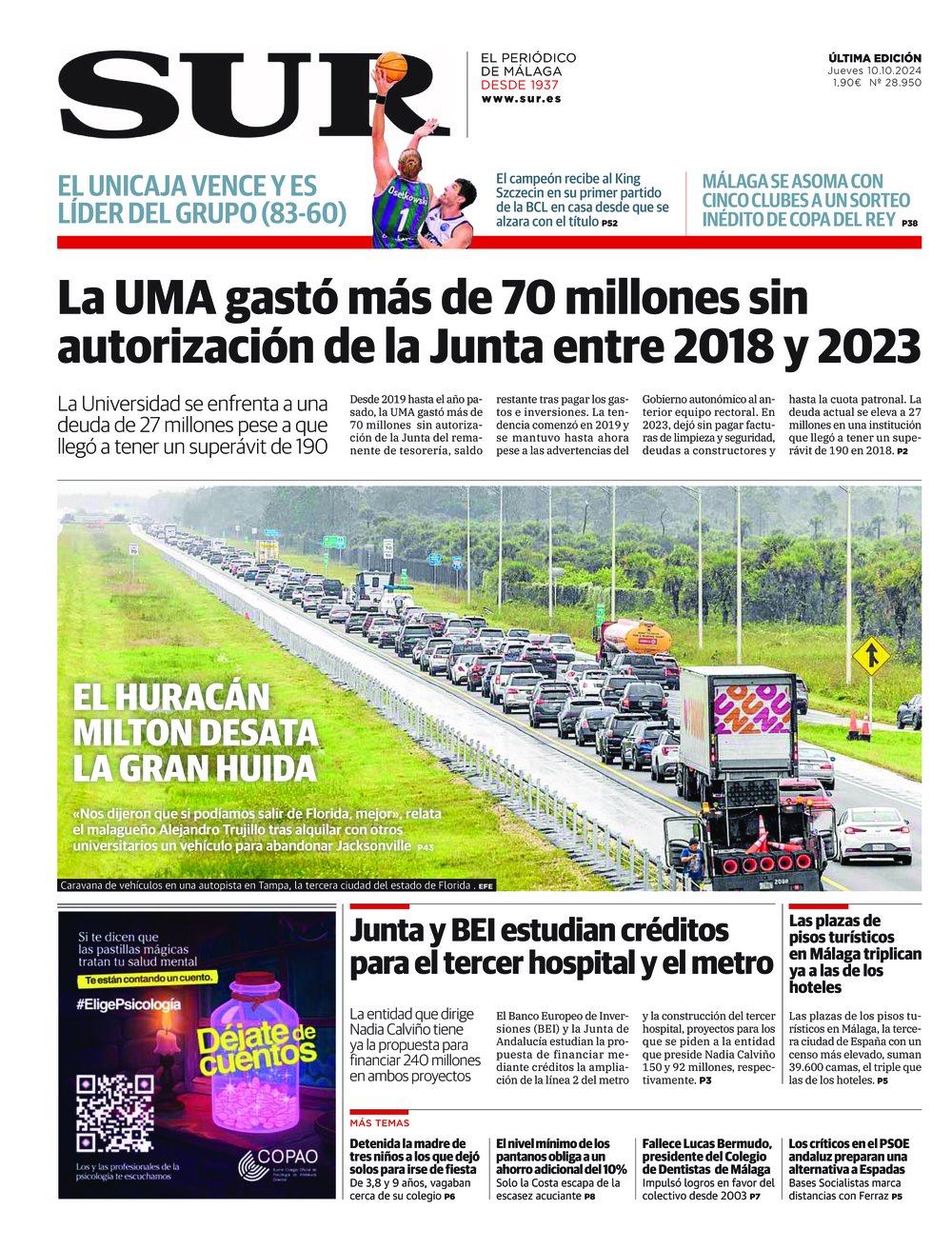 Portada de SUR, 10 de Octubre de 2024