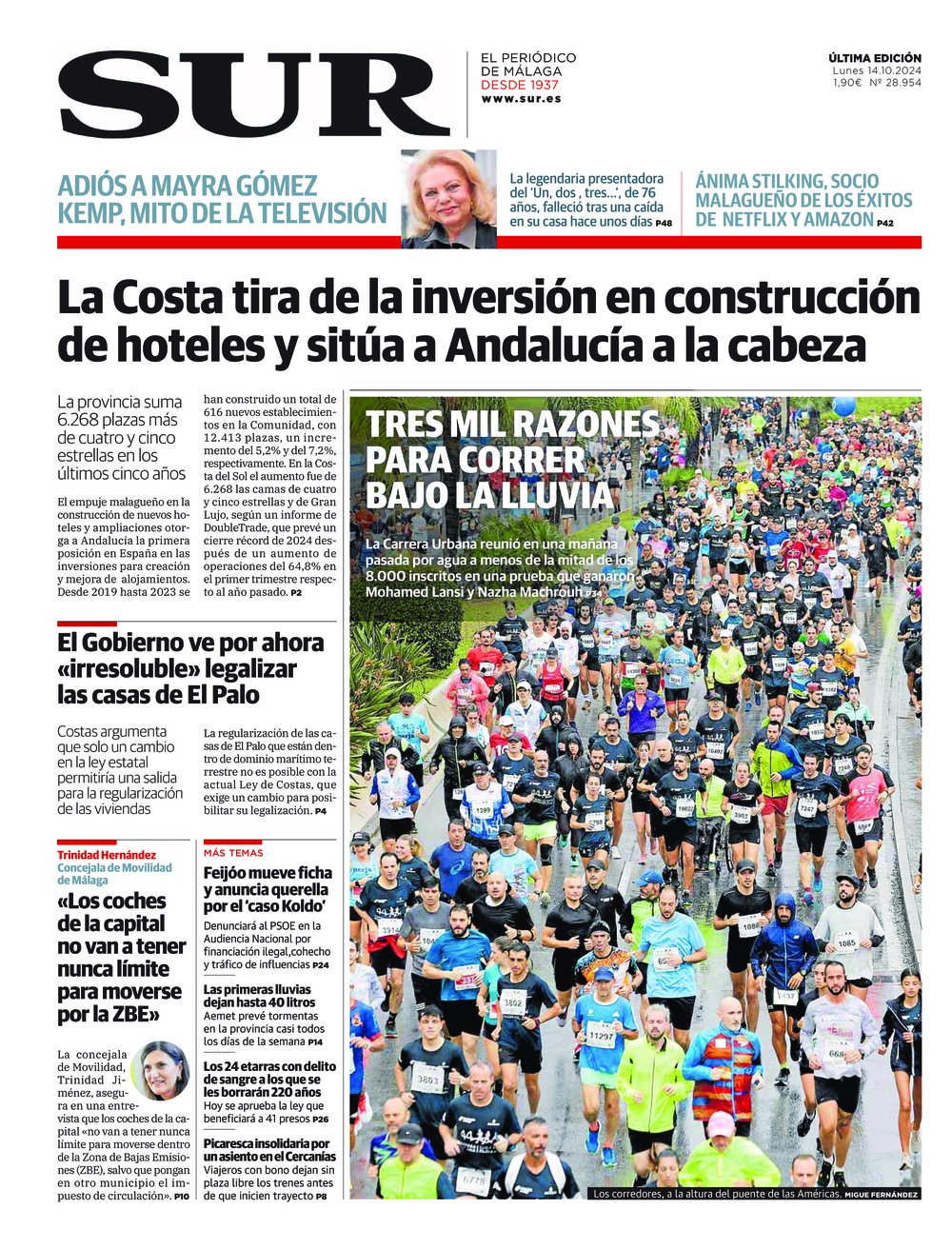 Portada de SUR, 14 de Octubre de 2024