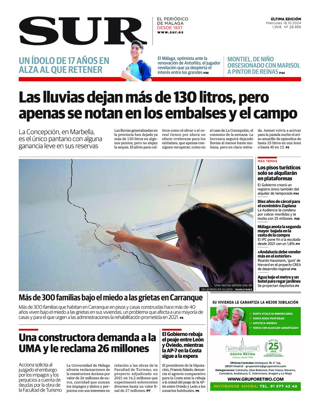 Portada de SUR, 16 de Octubre de 2024