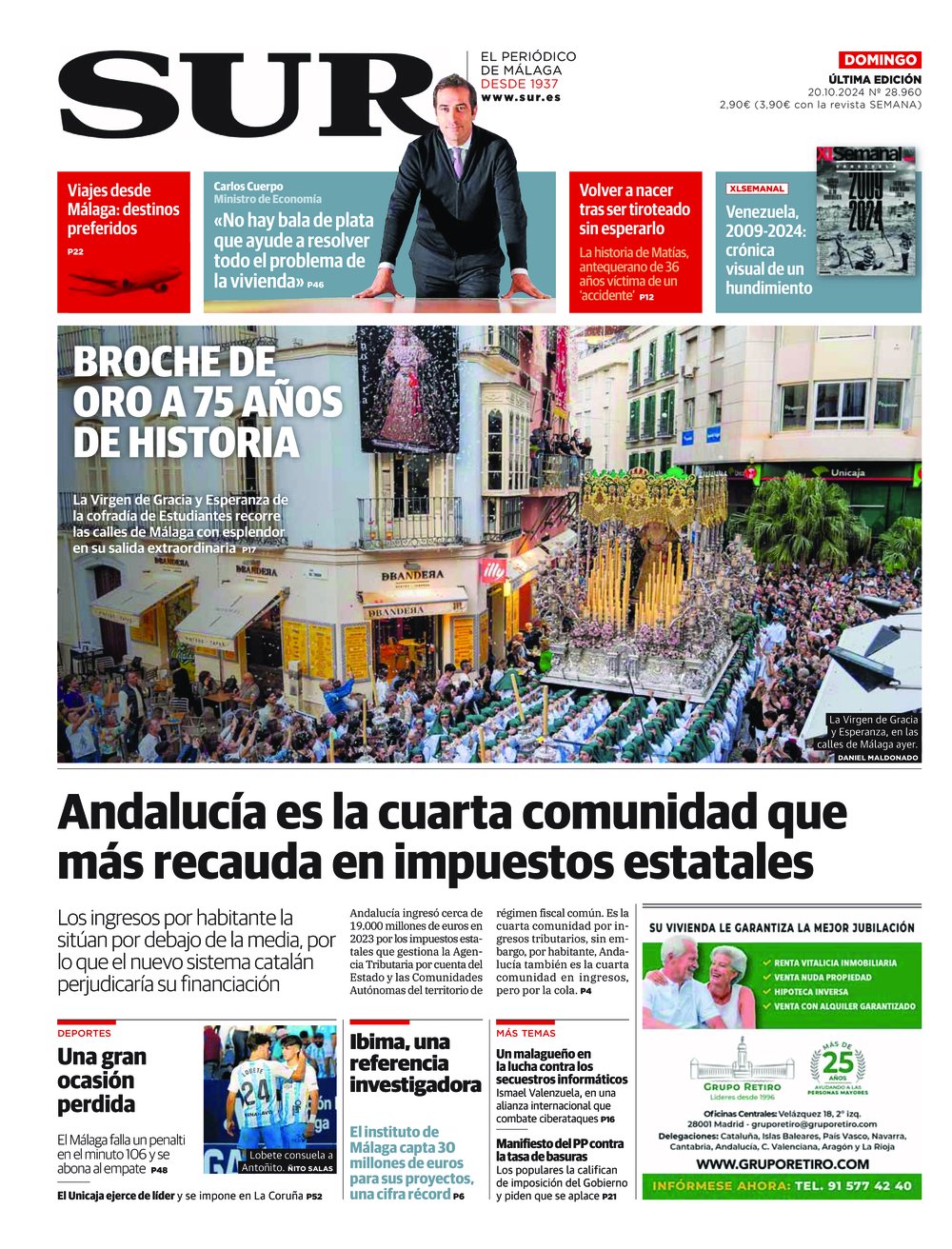 Portada de SUR, 20 de Octubre de 2024