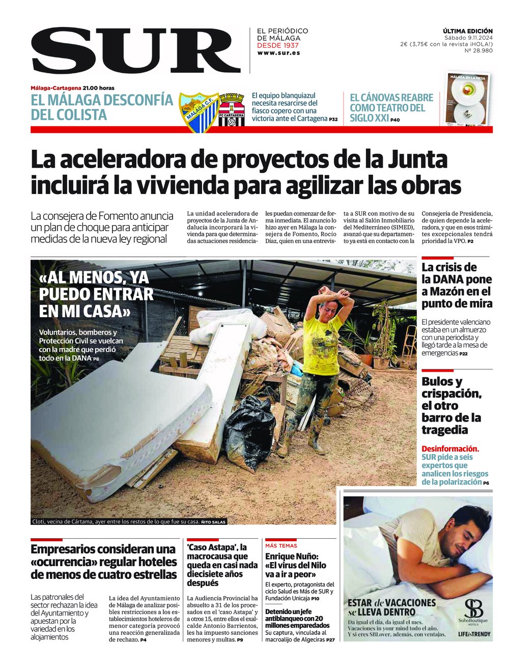 Portada de SUR, 09 de Noviembre de 2024