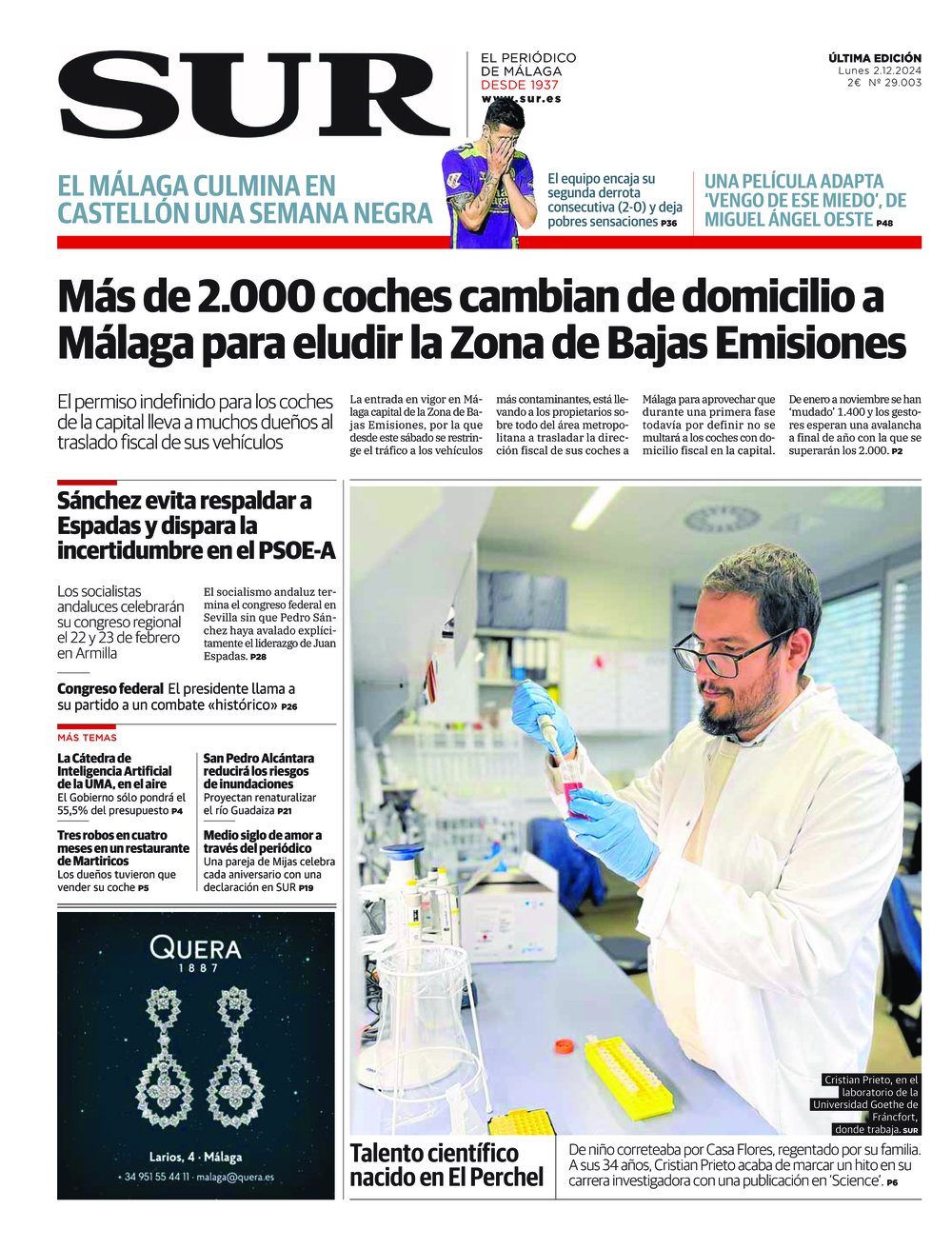 Portada de SUR, 02 de Diciembre de 2024