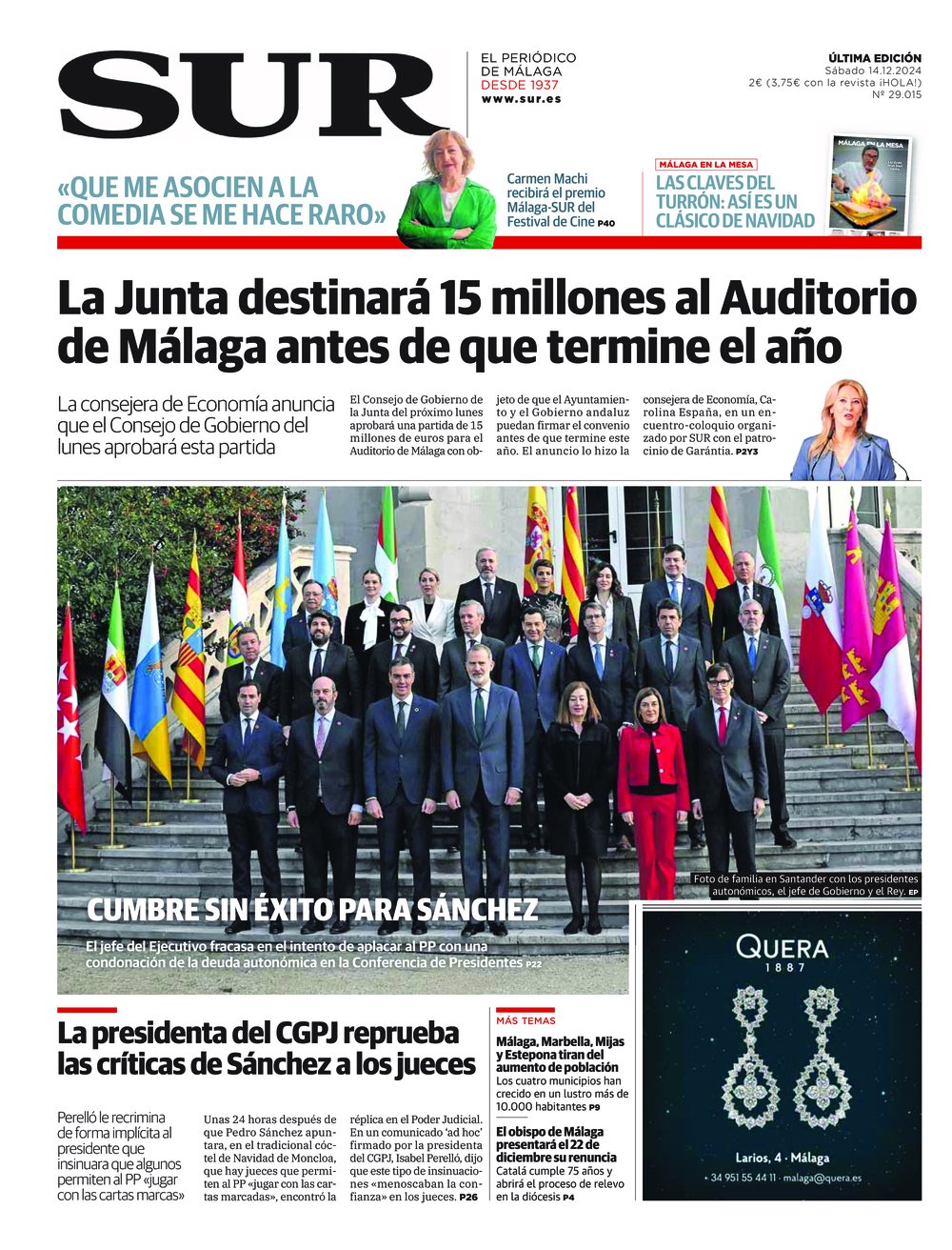 Portada de SUR, 14 de Diciembre de 2024