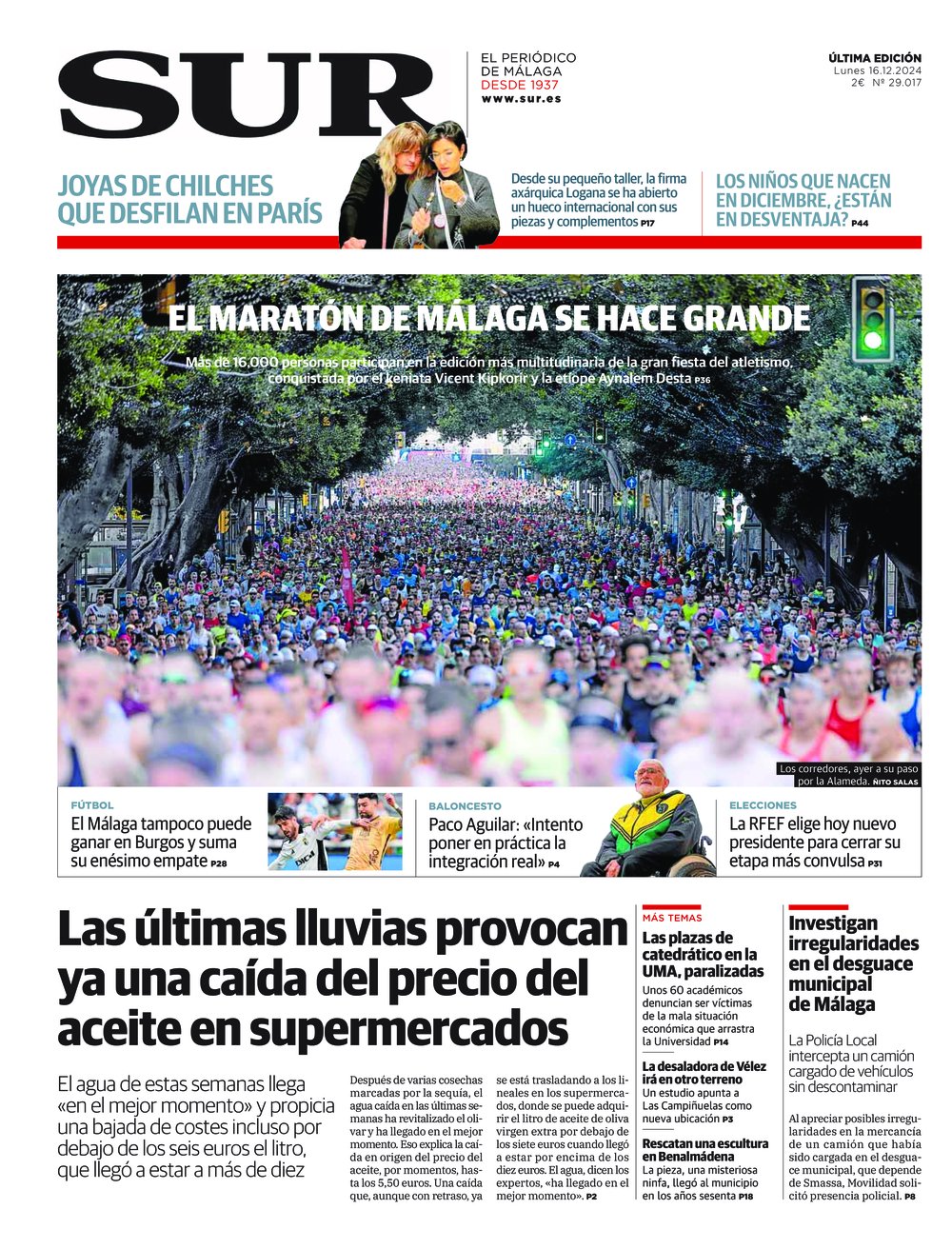 Portada de SUR, 16 de Diciembre de 2024