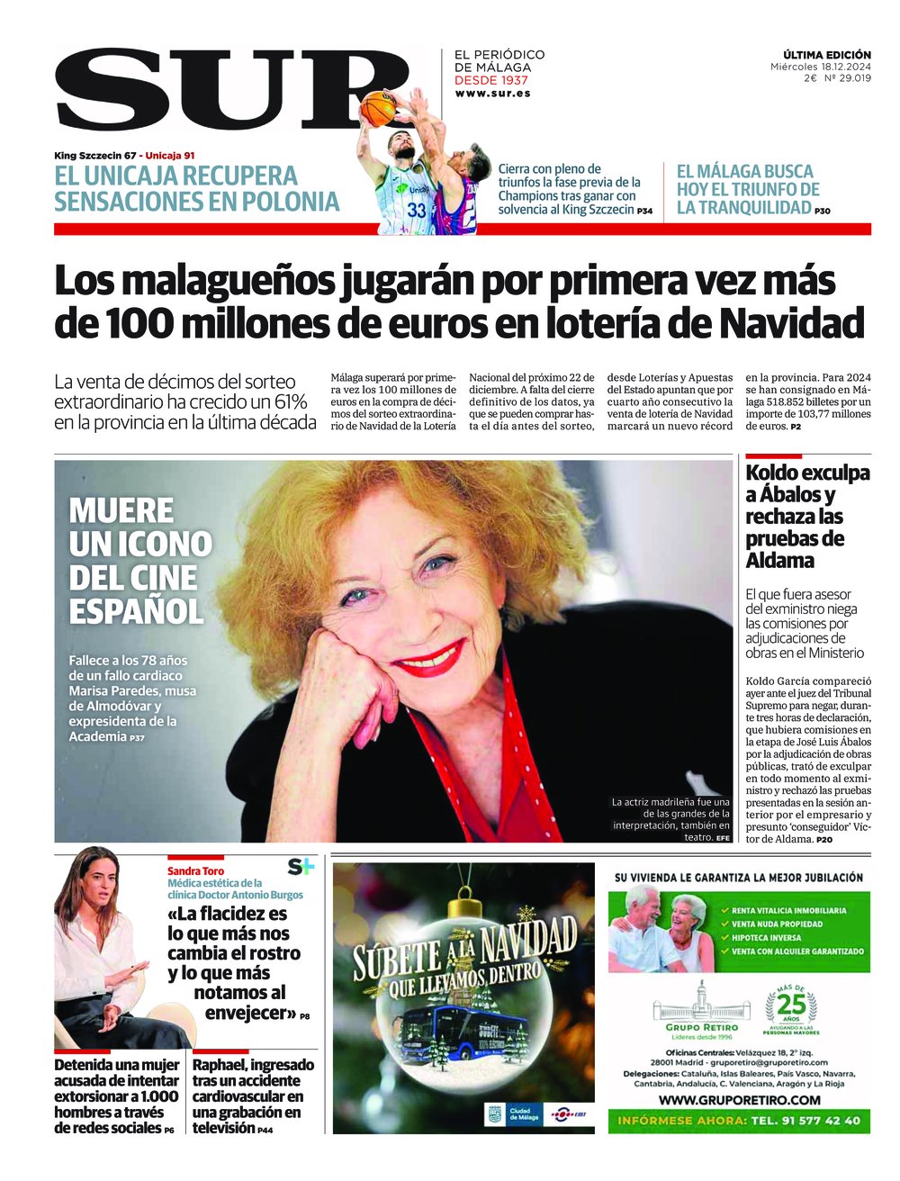 Portada de SUR, 18 de Diciembre de 2024