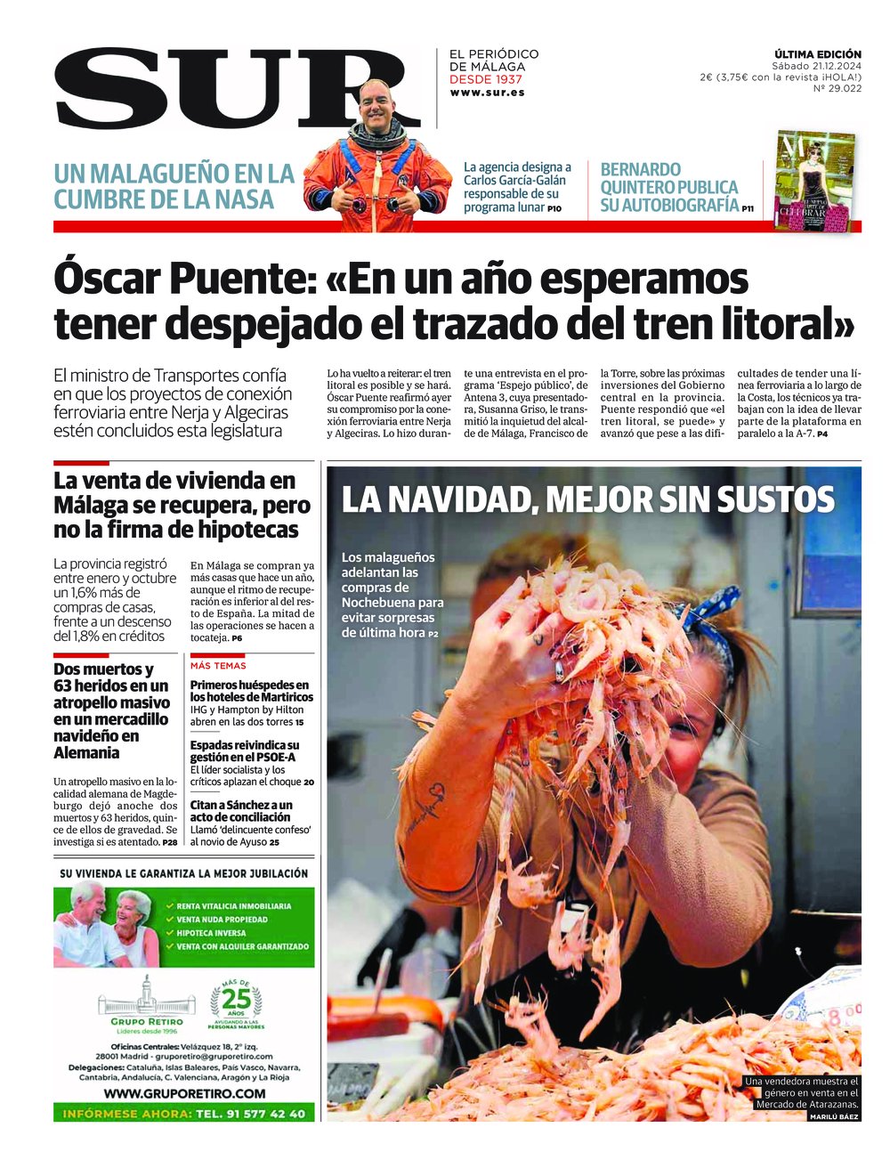 Portada de SUR, 21 de Diciembre de 2024