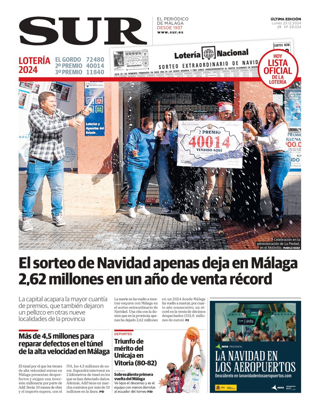 Portada de SUR, 23 de Diciembre de 2024