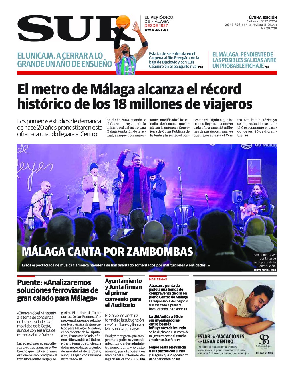 Portada de SUR, 28 de Diciembre de 2024