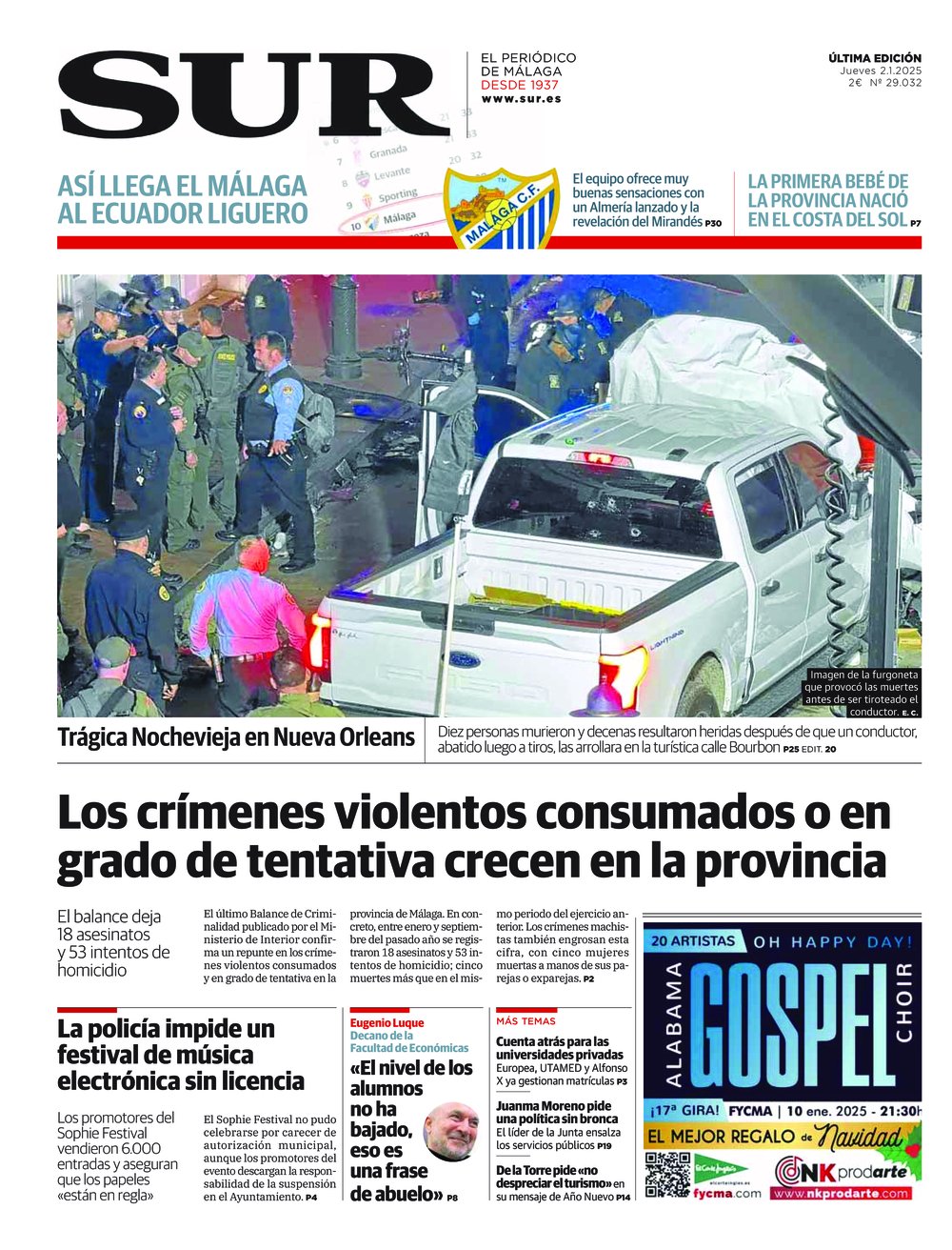 Portada de SUR, 02 de Enero de 2025