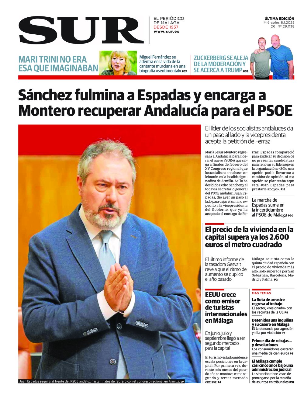 Portada de SUR, 08 de Enero de 2025