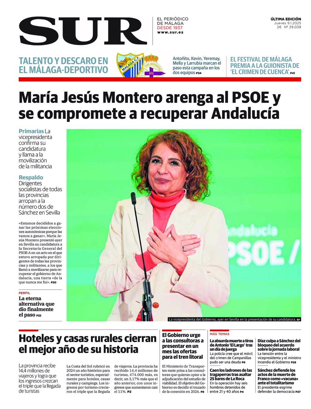 Portada de SUR, 09 de Enero de 2025