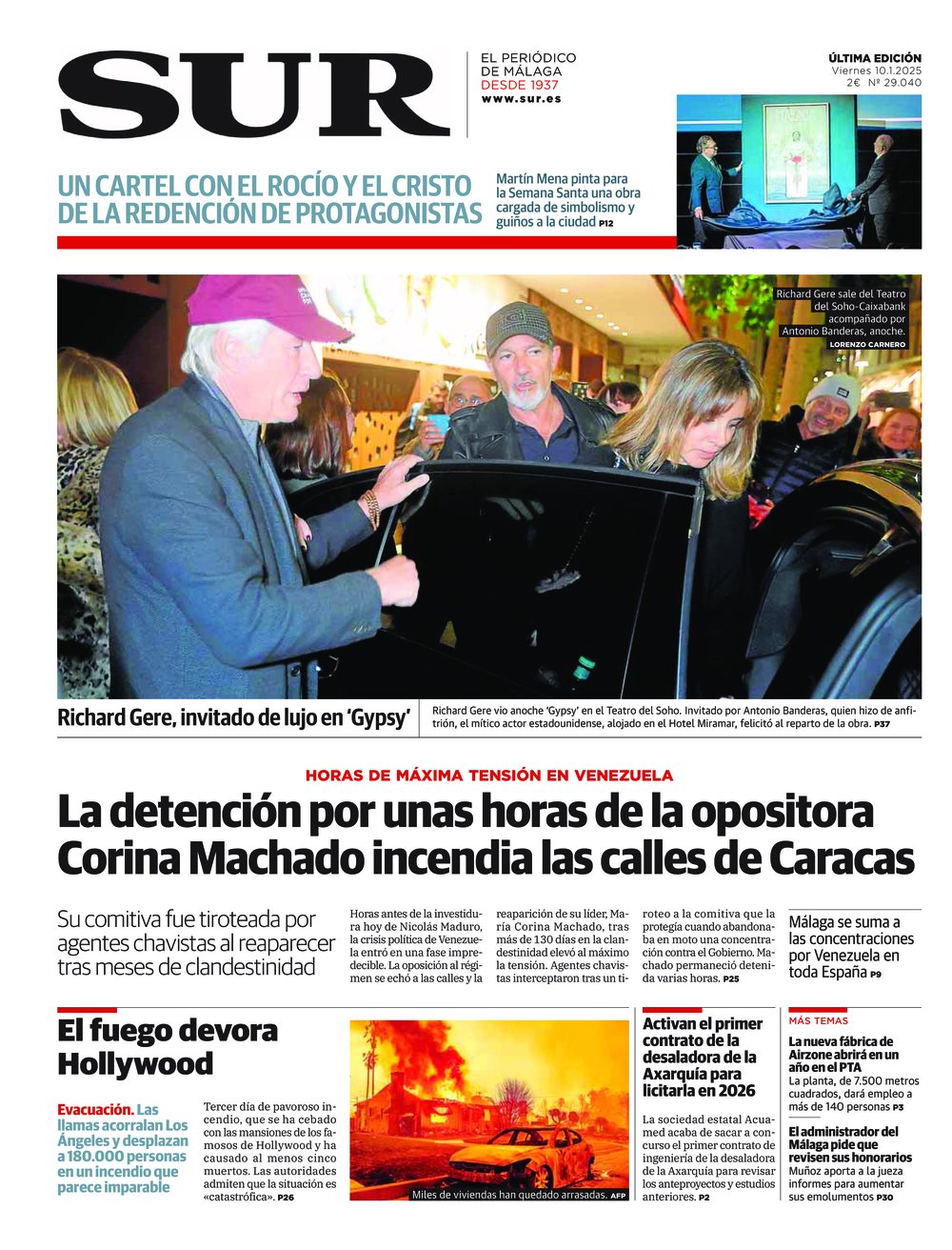 Portada de SUR, 10 de Enero de 2025