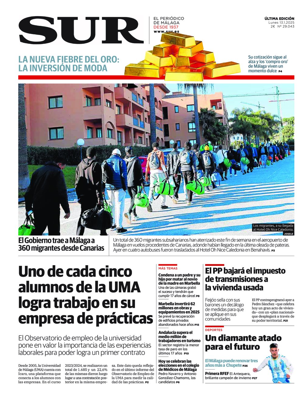 Portada de SUR, 13 de Enero de 2025