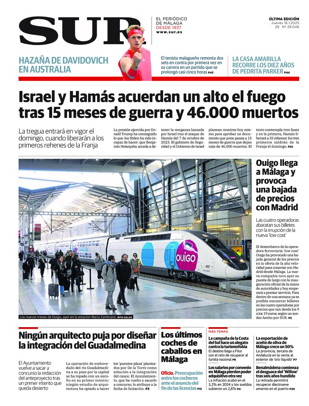 Portada de SUR, 16 de Enero de 2025