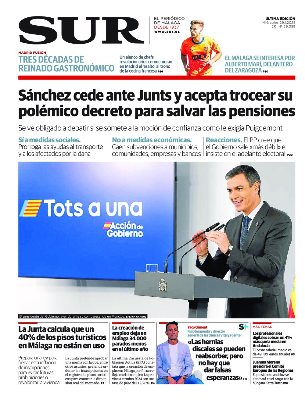 Portada de SUR, 29 de Enero de 2025