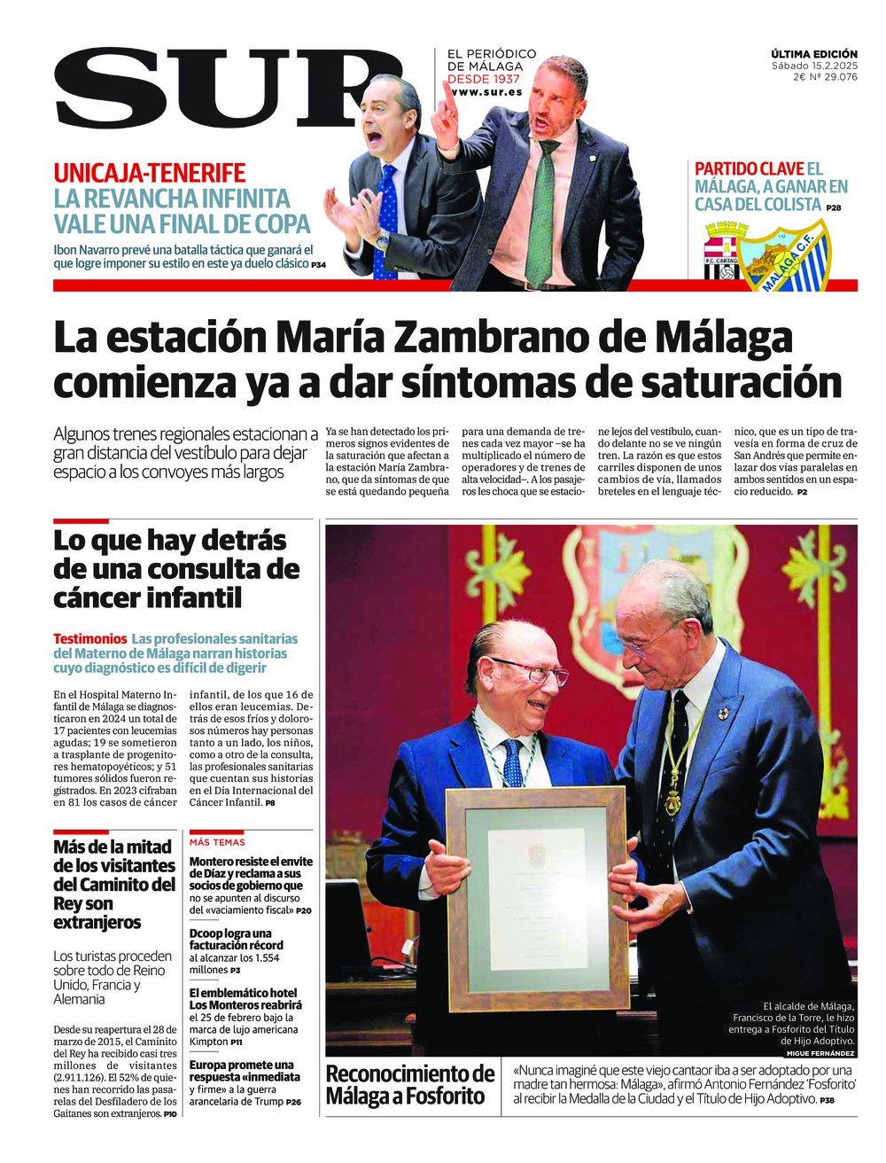 Portada de SUR, 15 de Febrero de 2025