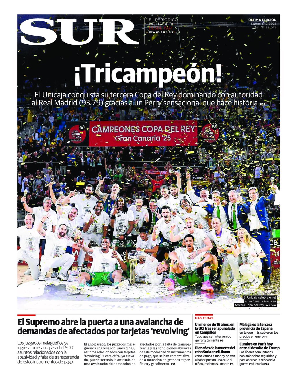 Portada de SUR, 17 de Febrero de 2025